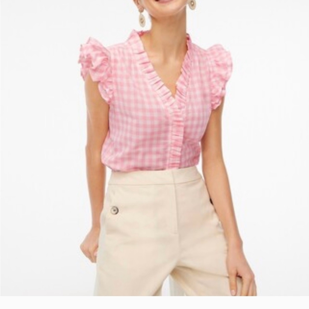 J. Crew Pink and White Flutter Sleeve Blouse